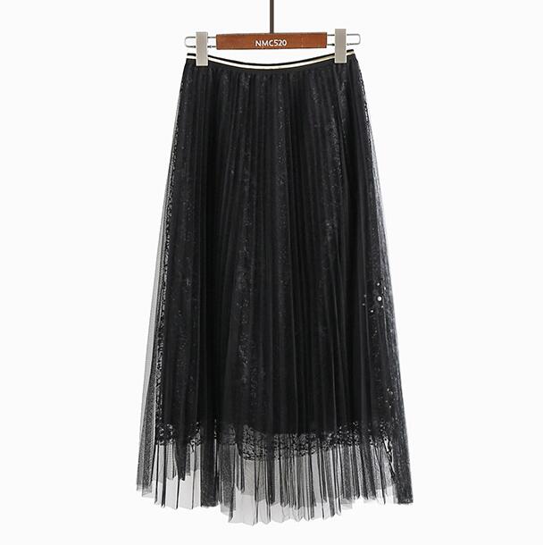 Women Beading Elastic Waist Mesh Pleated Skirt - Black
