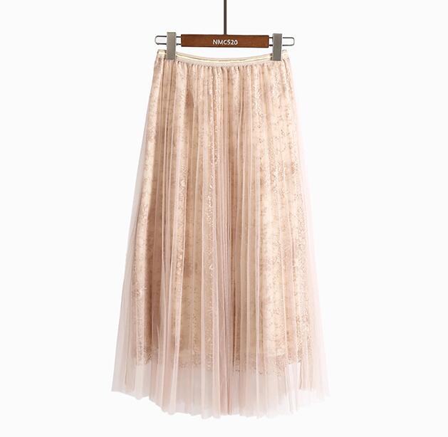 Women Beading Elastic Waist Mesh Pleated Skirt - Beige