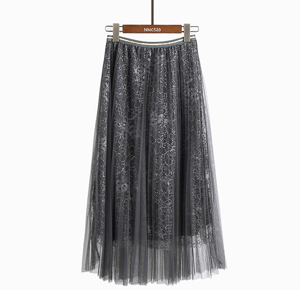 Women Beading Elastic Waist Mesh Pleated Skirt - Grey