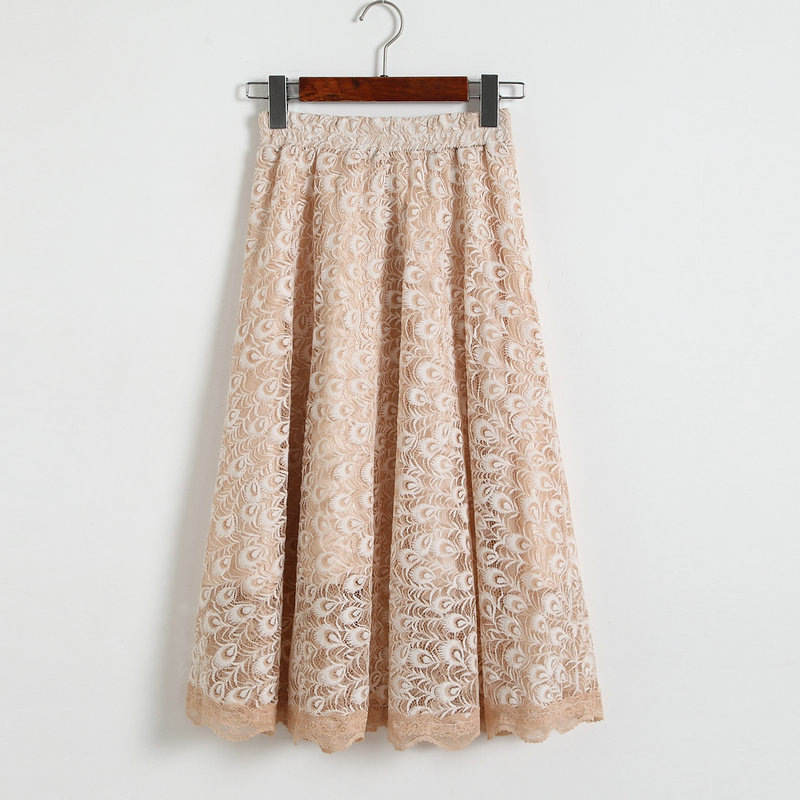 Women High Waisted Floral Lace Pleated Midi Skirt - Beige