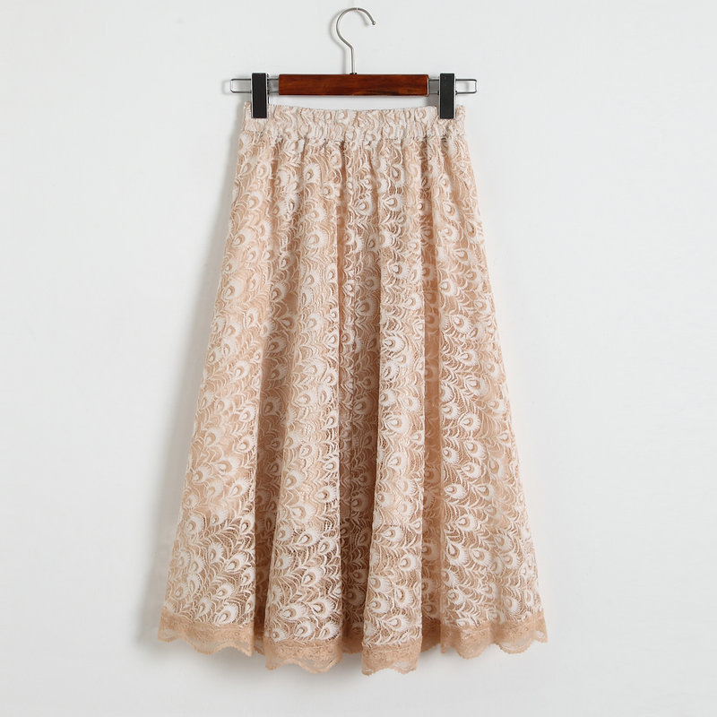 Women High Waisted Floral Lace Pleated Midi Skirt - Beige on Luulla