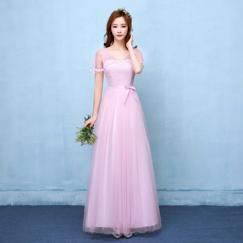 Fshion V Neck Long Bridesmaid Dress Evening Party Wedding Dress - Pink