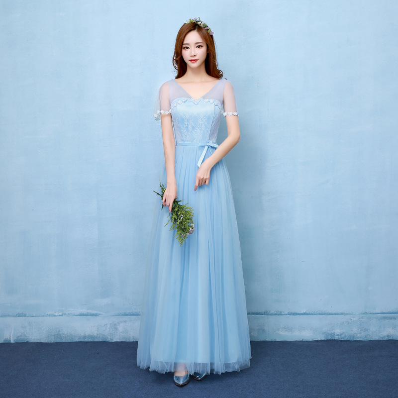 Fshion V Neck Long Bridesmaid Dress Evening Party Wedding Dress - Light Blue