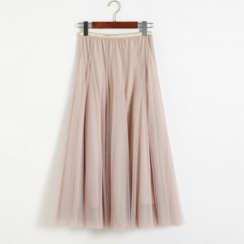 Women Elastic High Waist Pleated Skirt - Beige