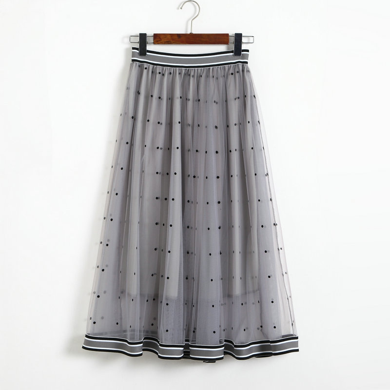 Women Gauze Polka Dot Print High Elastic Waist Skirt - Grey