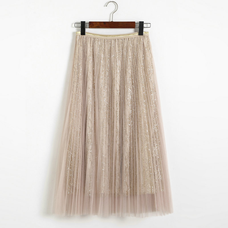 New Style Sequins Gauze A Line Skirt - Beige