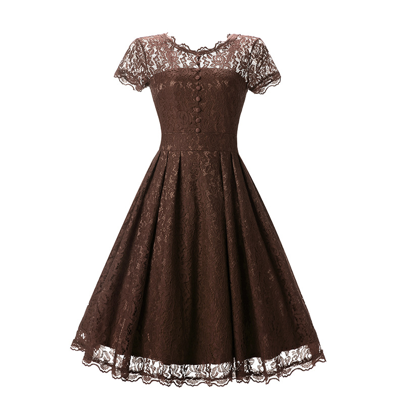 Arrive O-neck Solid Short Sleeve Lace Hollow Vintage Dress - Coffee