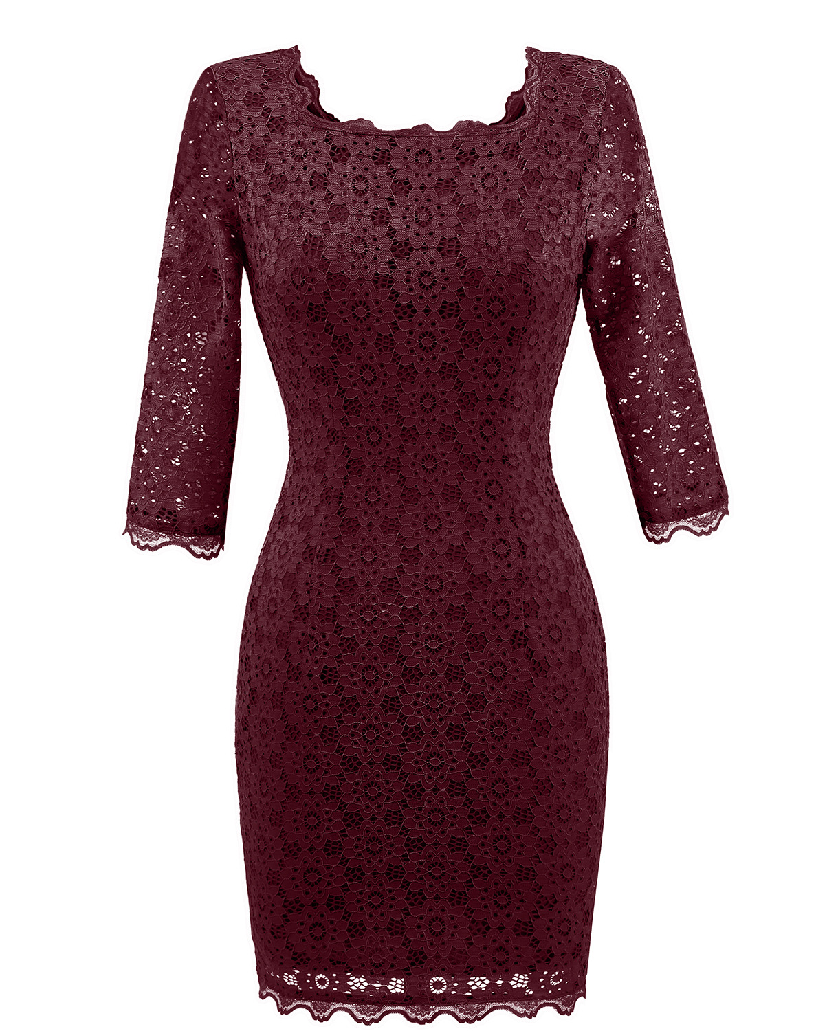 Women's Vintage Square Collar 2/3 Sleeve Floral Lace Sheath Bodycon Dresses - Wine Red