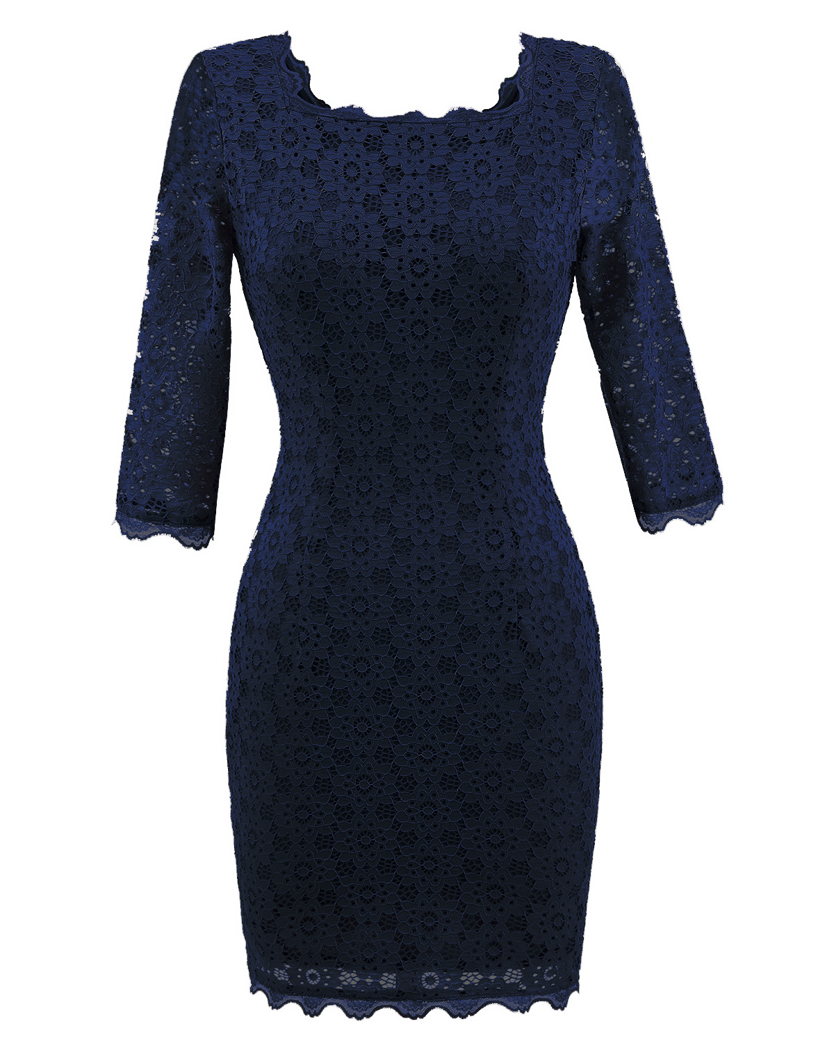 Women's Vintage Square Collar 2/3 Sleeve Floral Lace Sheath Bodycon Dresses - Navy Blue
