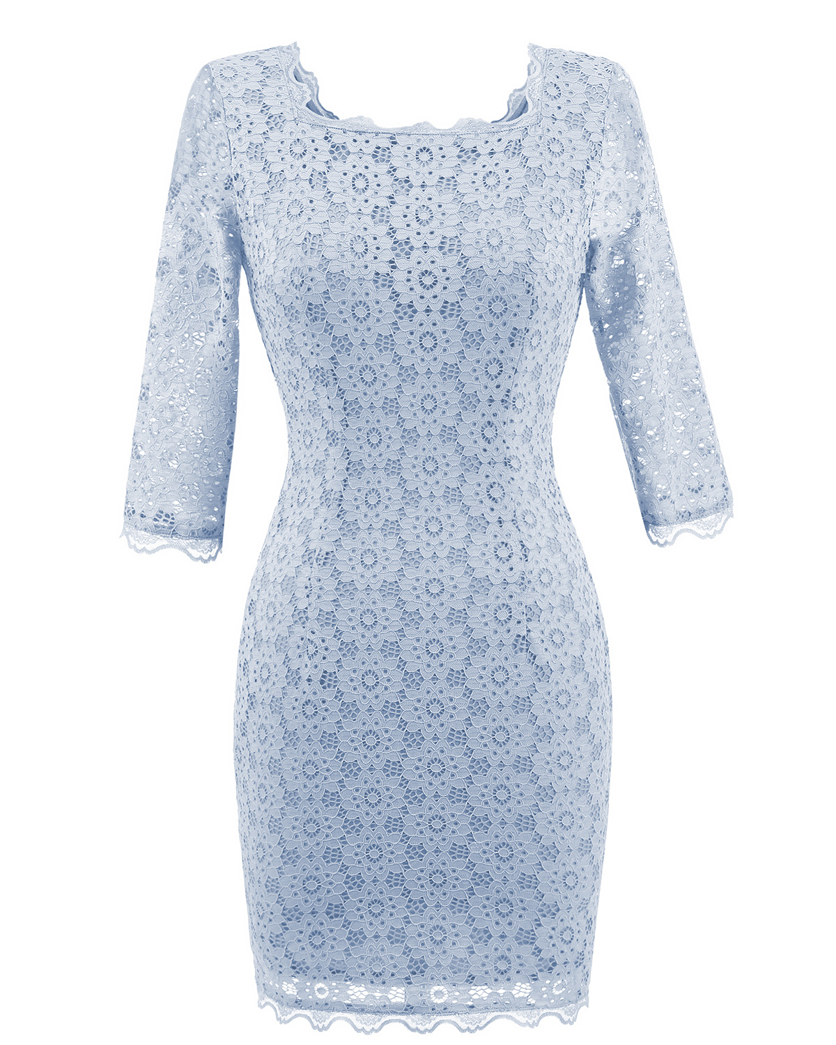 Women's Vintage Square Collar 2/3 Sleeve Floral Lace Sheath Bodycon Dresses - Light Blue