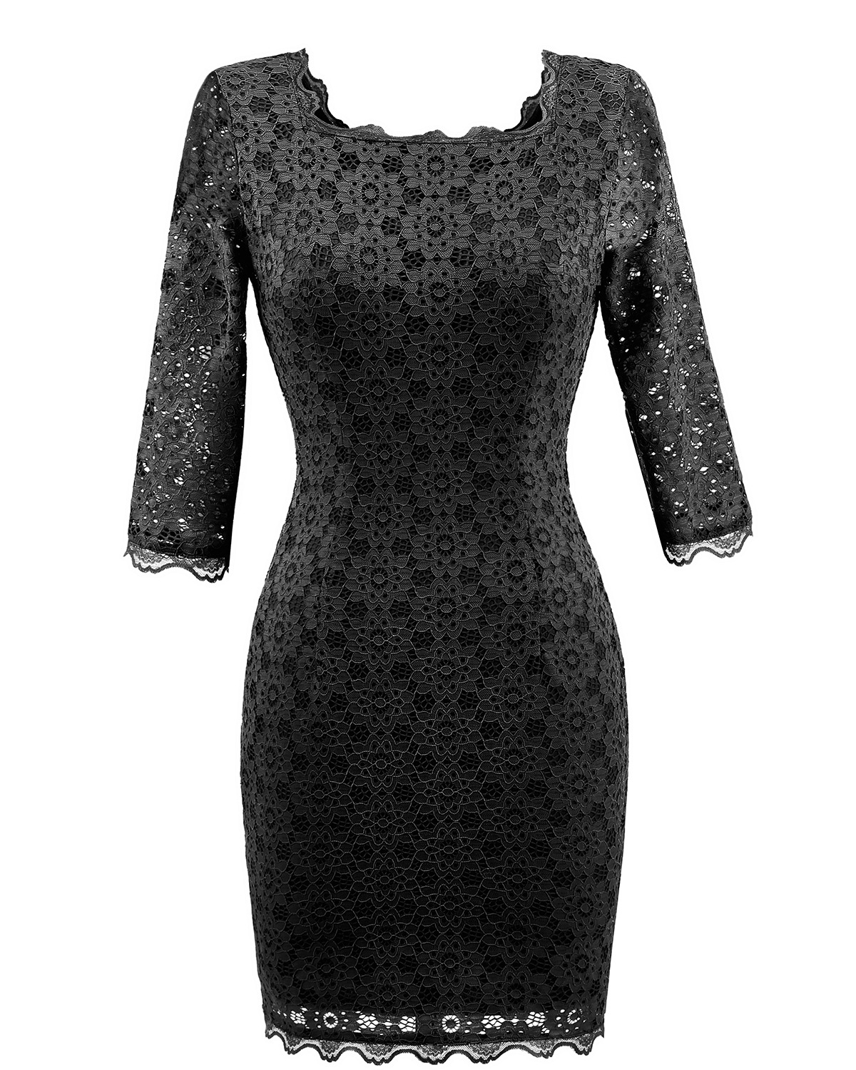 Women's Vintage Square Collar 2/3 Sleeve Floral Lace Sheath Bodycon Dresses - Black