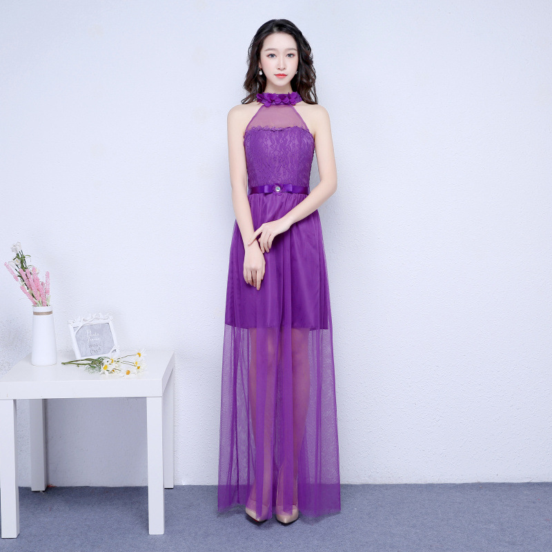 Purple Color Halter Long Bridesmaid Prom Party Dress