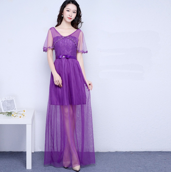 Purple Color V Neck Long Bridesmaid Prom Party Dress
