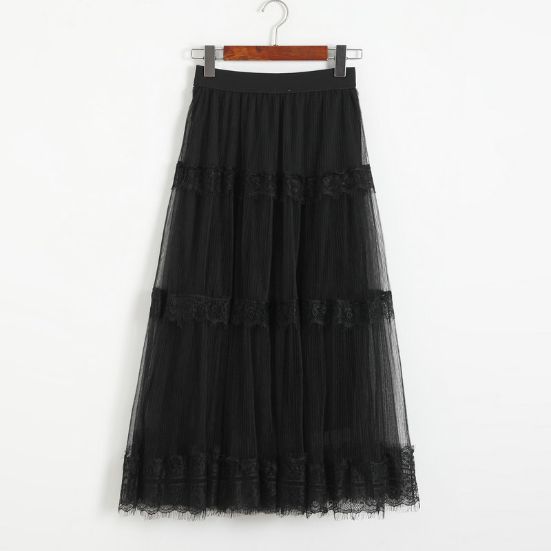 Womens Sexy Gauze Midi Skirt Fashion High Waist Elastic Slim Skirts - Black