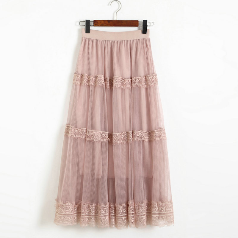 Womens Sexy Gauze Midi Skirt Fashion High Waist Elastic Slim Skirts - Pink