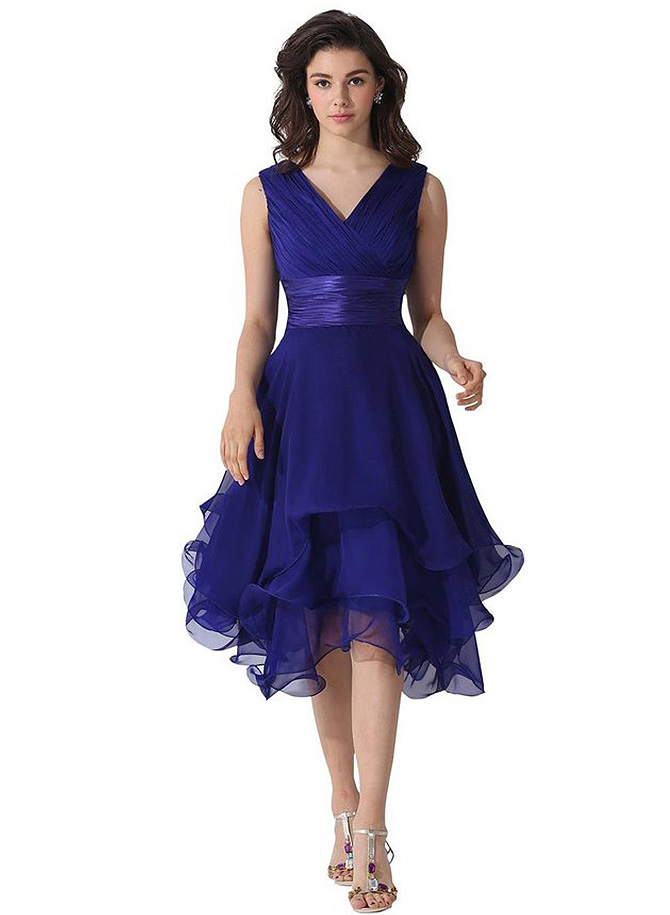 Chiffon Deep V Neck Prom Evening Gown Bridesmaid Dress - Blue