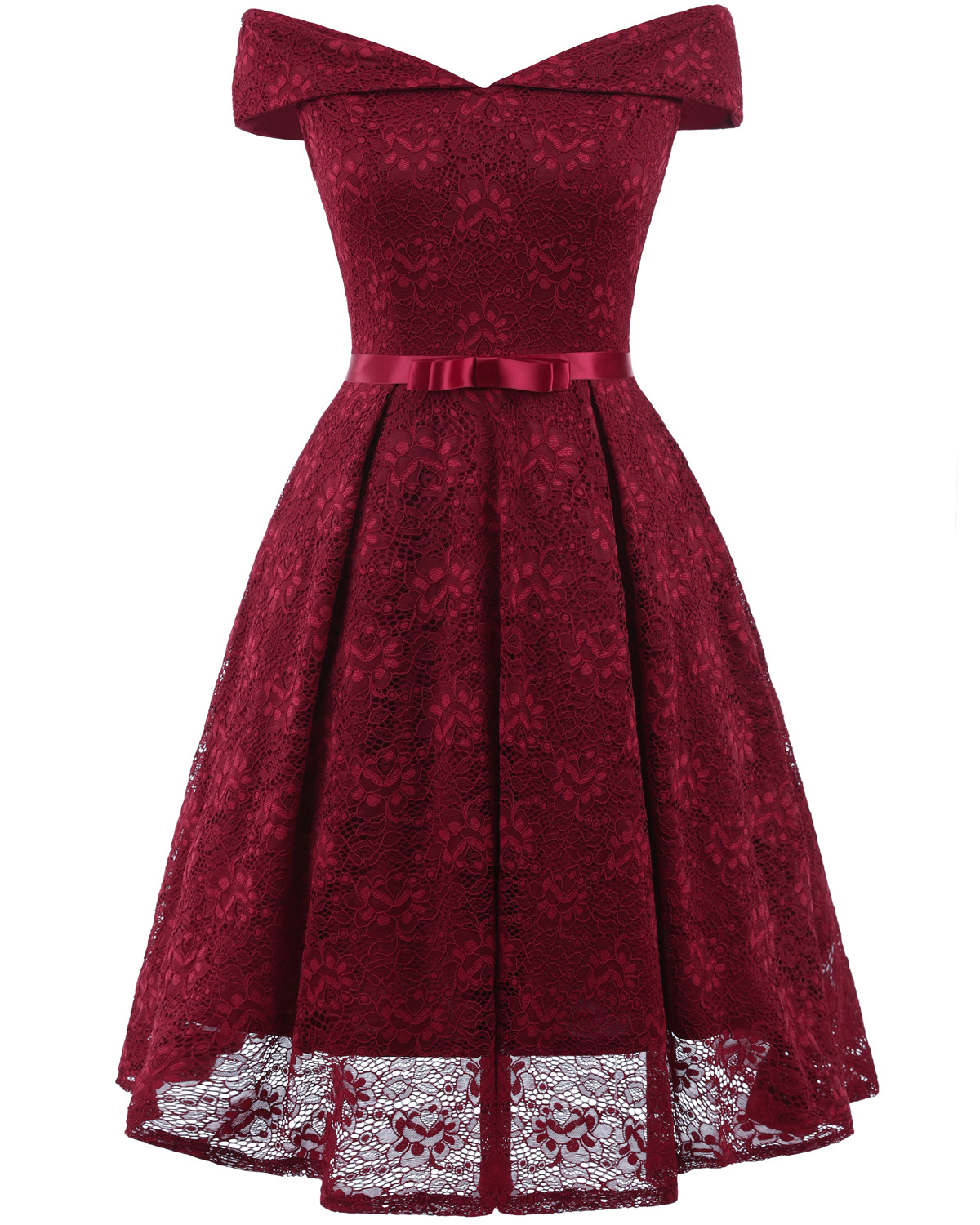 Off Shoulder Slash Neck Bow Belt Floral Lace A Line Dresses - Wine Red