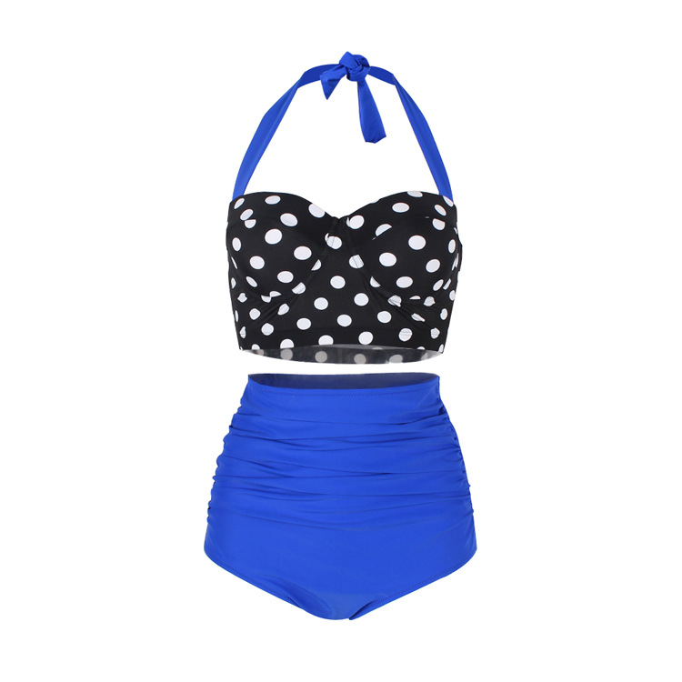 Lady Retro Style Polka Dot High Waisted Bikini Swimsuit Swimwear - Blue