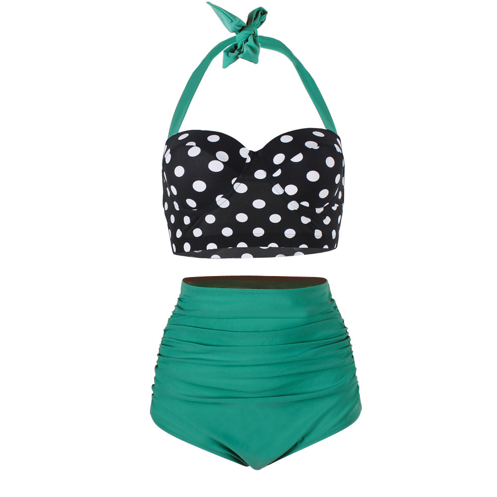 Lady Retro Style Polka Dot High Waisted Bikini Swimsuit Swimwear - Green
