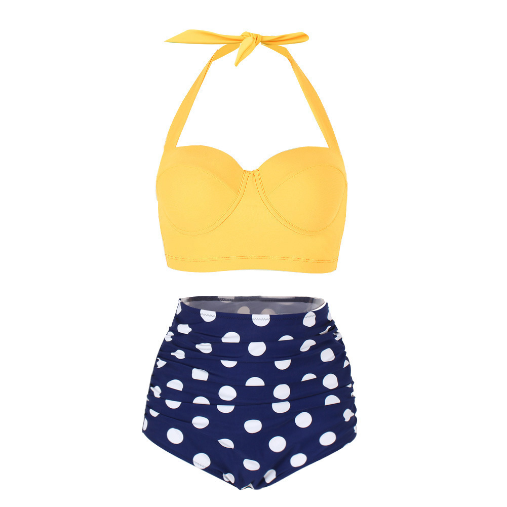 Two-piece Swimsuit Featuring Yellow Tie Halter Top And Polka Dots High-waisted Bottoms