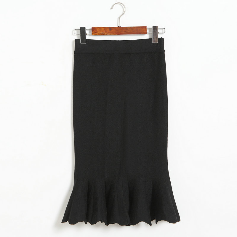 Women Sexy Solid Color Fishtail Knitting Slim Skirt - Black