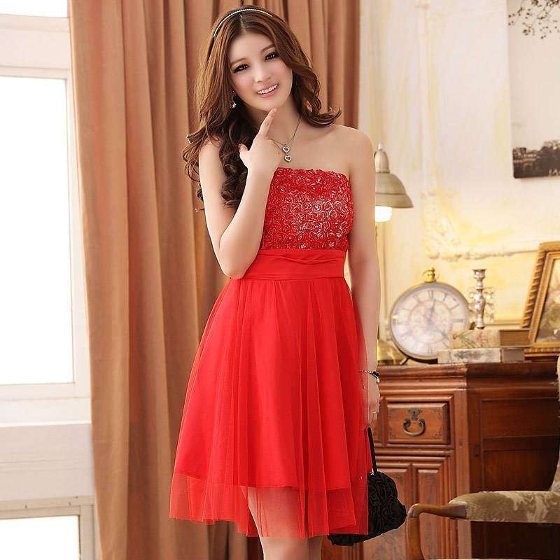 Fashion Rose Pattern Sleeveless Red Evening Dress Wedding Bridesmaid Dress