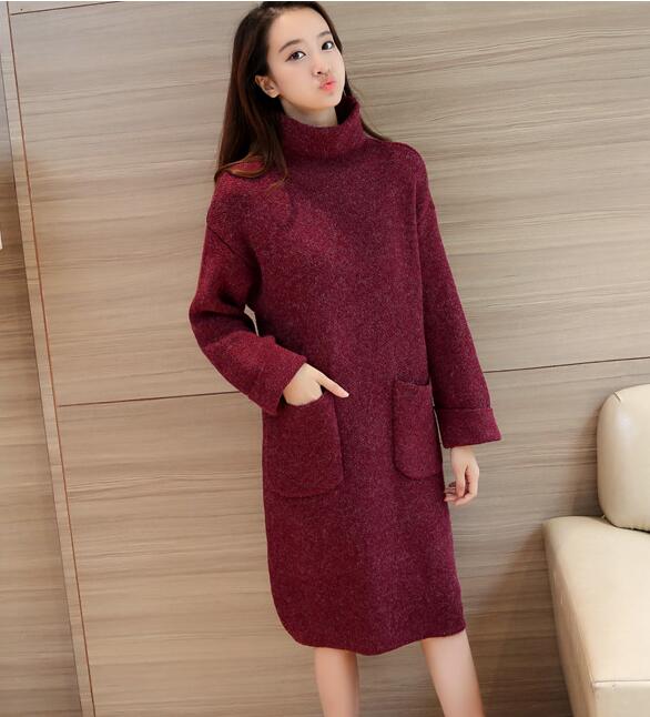 High Neck Pocket Long Sleeve Knit Sweater - Wine Red