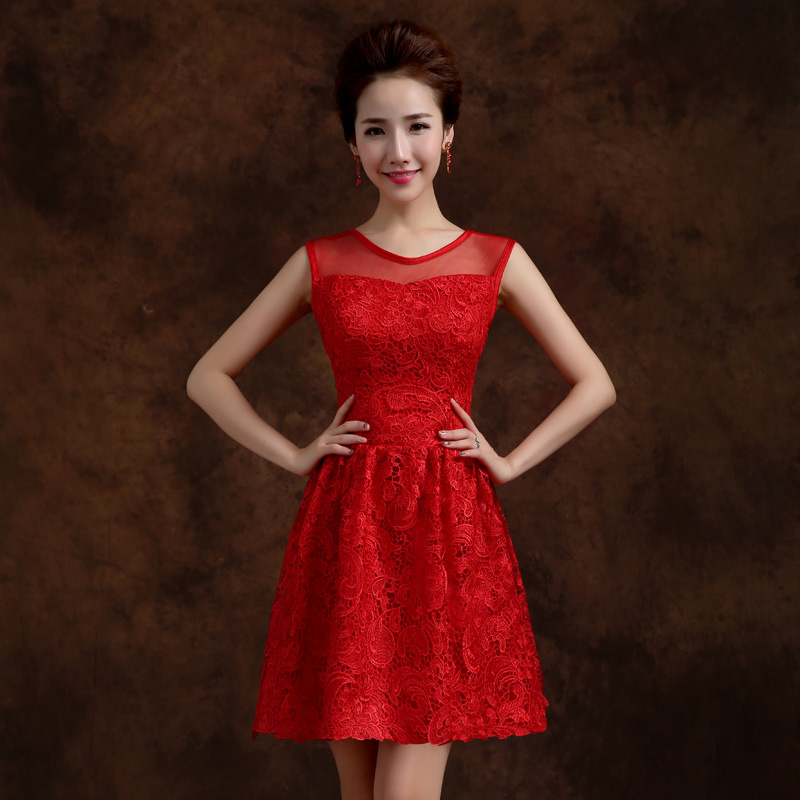 Red Elegant Solid Lace Sleeveless A Line Party Short Dress