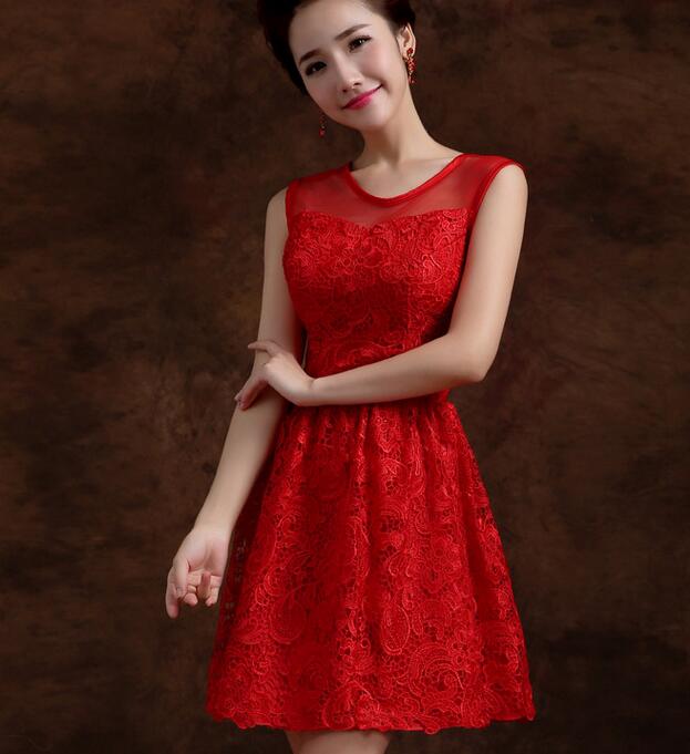 Red Elegant Solid Lace Sleeveless A Line Party Short Dress on Luulla