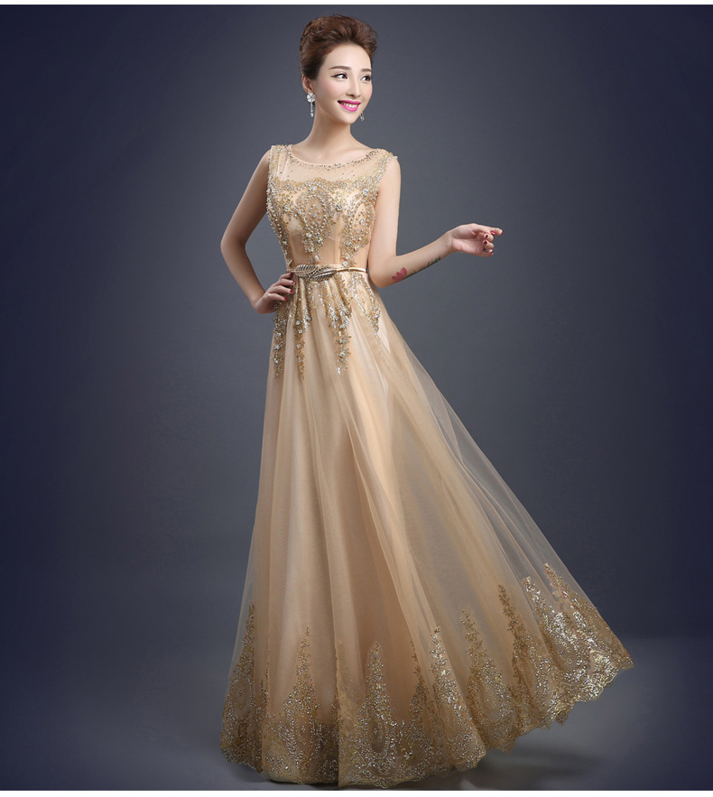 Tulle Lace Evening Dress Long Beading Formal Gown Prom Embroidery Bride Dresses - Gold