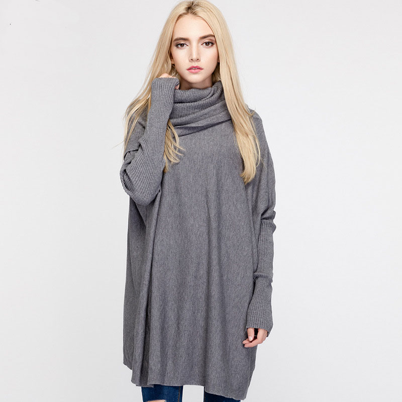 Loose Turtleneck Sweater Bat Long Sleeve Pullover Knitted Sweater - Grey