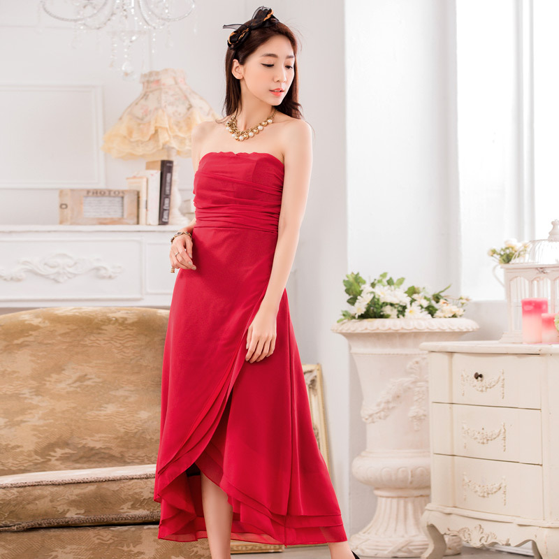Chiffon Sleeveless Long Evening Party Dress Bridesmaid Wedding Dress - Red