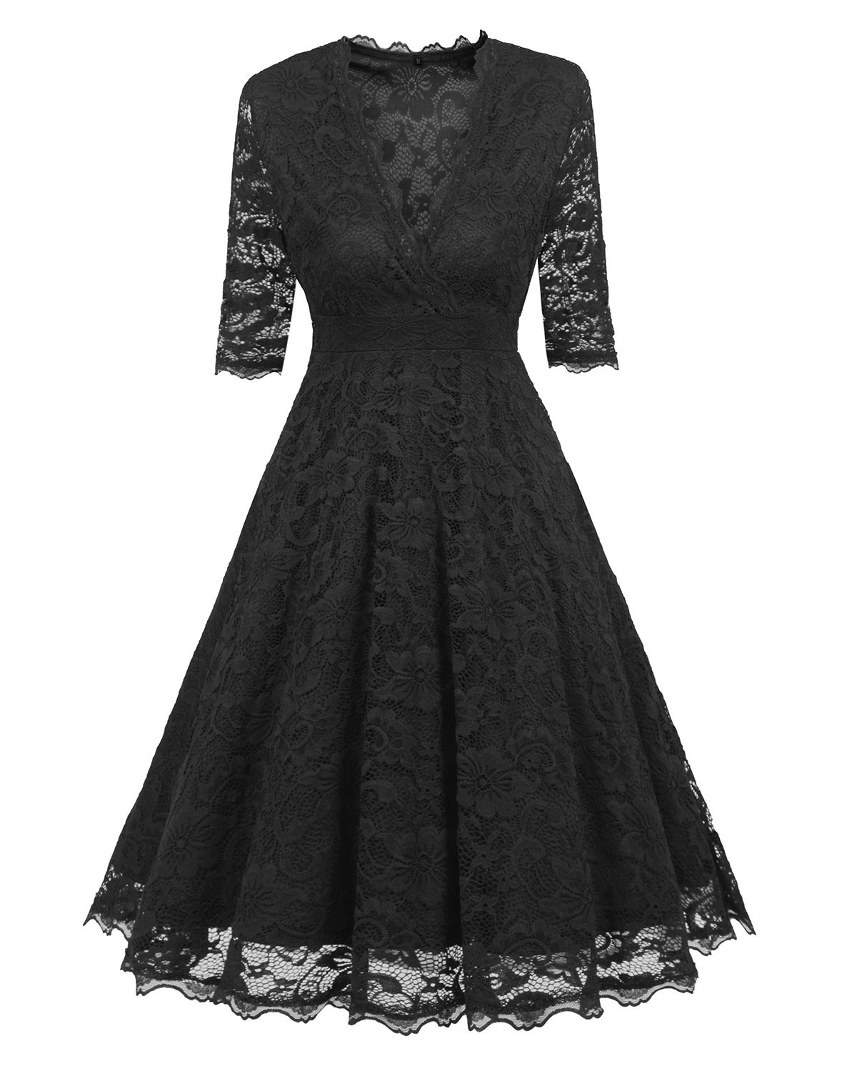 Women's Vintage Deep V Neck Slim Floral Lace Dress - Black