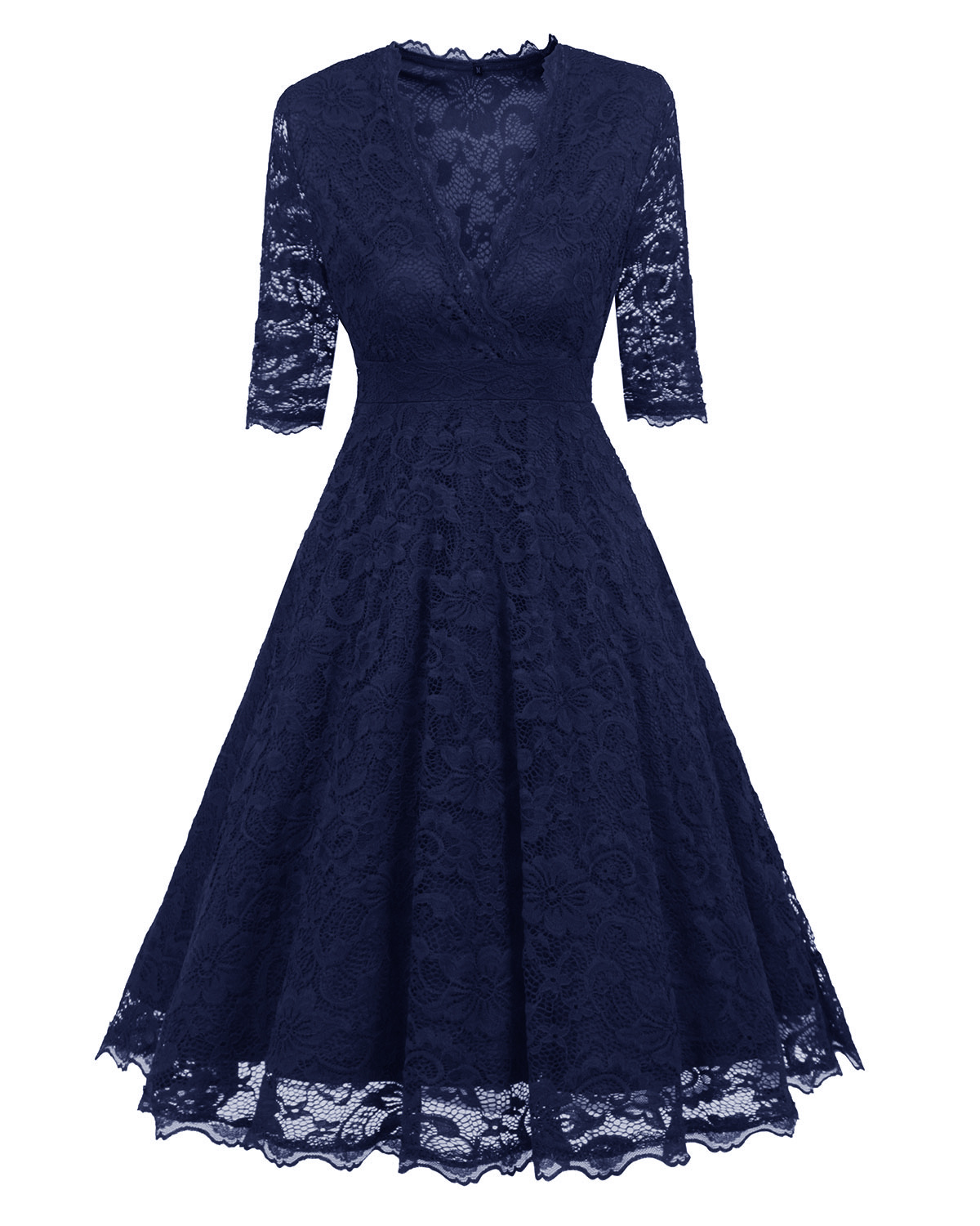 Women's Vintage Deep V Neck Slim Floral Lace Dress - Navy Blue