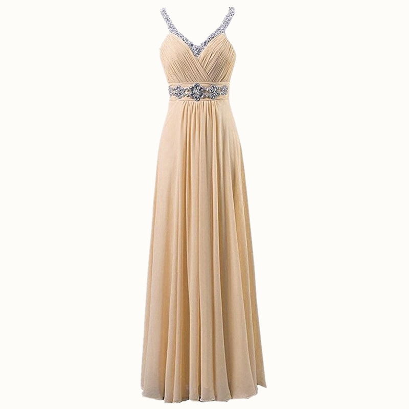Women Sleeveless Sexy A-line Halter Elegant Long Evening Party Formal Gowns Long Chiffon Beading Bridesmaid Dress - Apricot
