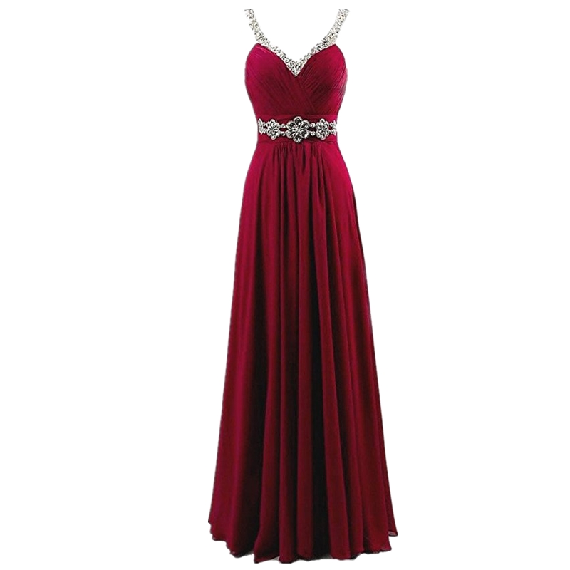 Women Sleeveless Sexy A-Line Halter Elegant Long Evening Party Formal Gowns Long Chiffon beading Bridesmaid Dress - Wine Red