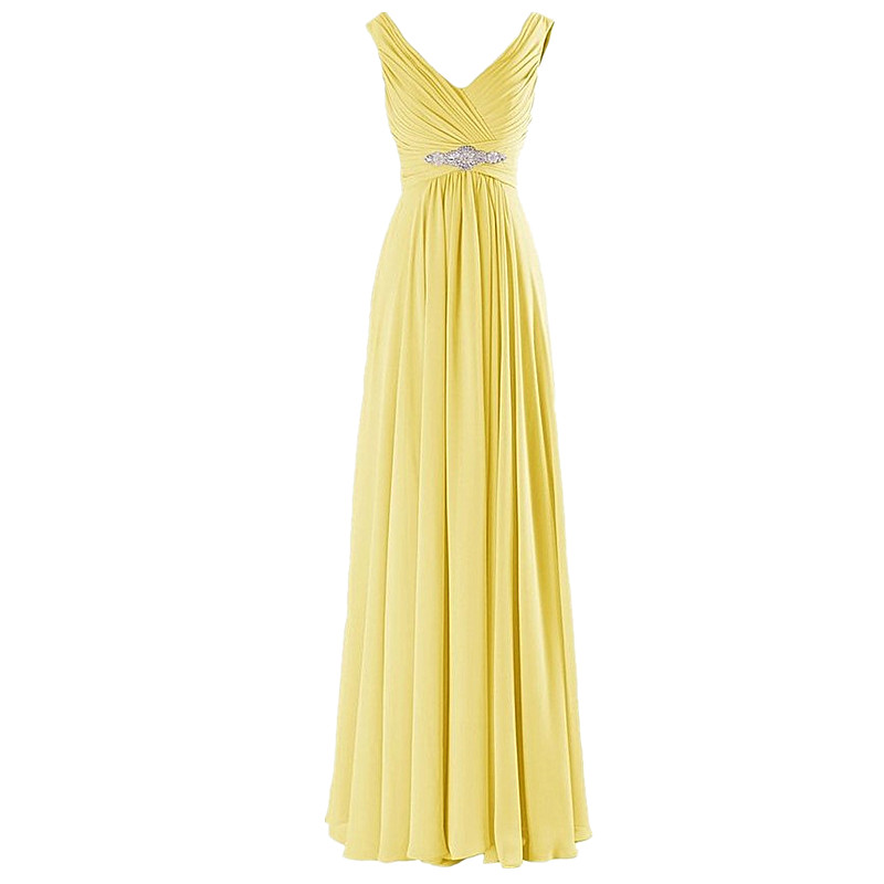 A-line Evening Dresses Long Elegant Pleat Chiffon V-neck Beading Party Prom Dress - Yellow