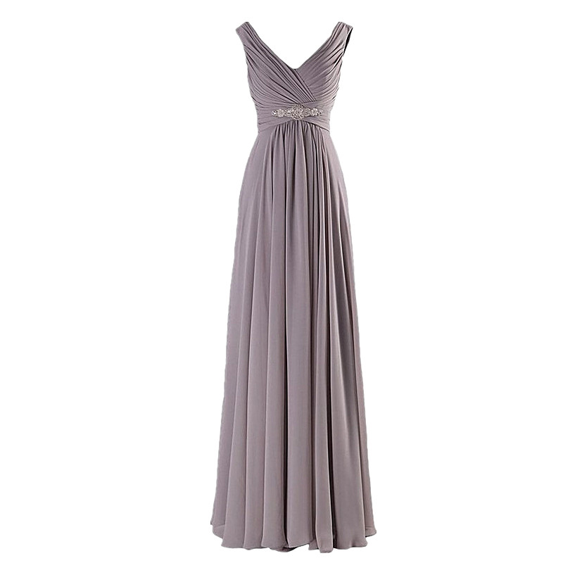 A-line Evening Dresses Long Elegant Pleat Chiffon V-neck Beading Party Prom Dress - Grey