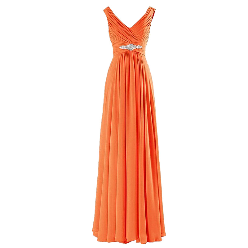 A-line Evening Dresses Long Elegant Pleat Chiffon V-neck Beading Party Prom Dress - Orange