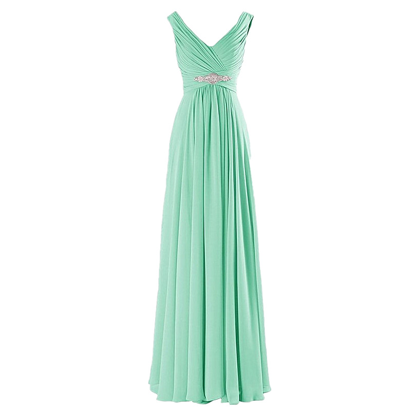 A-line Evening Dresses Long Elegant Pleat Chiffon V-neck Beading Party Prom Dress - Light Green