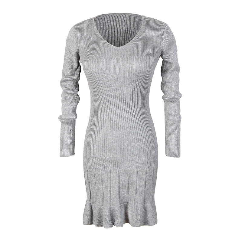 Women Round Neck Knitted Slim Bodycon Sweater Dress