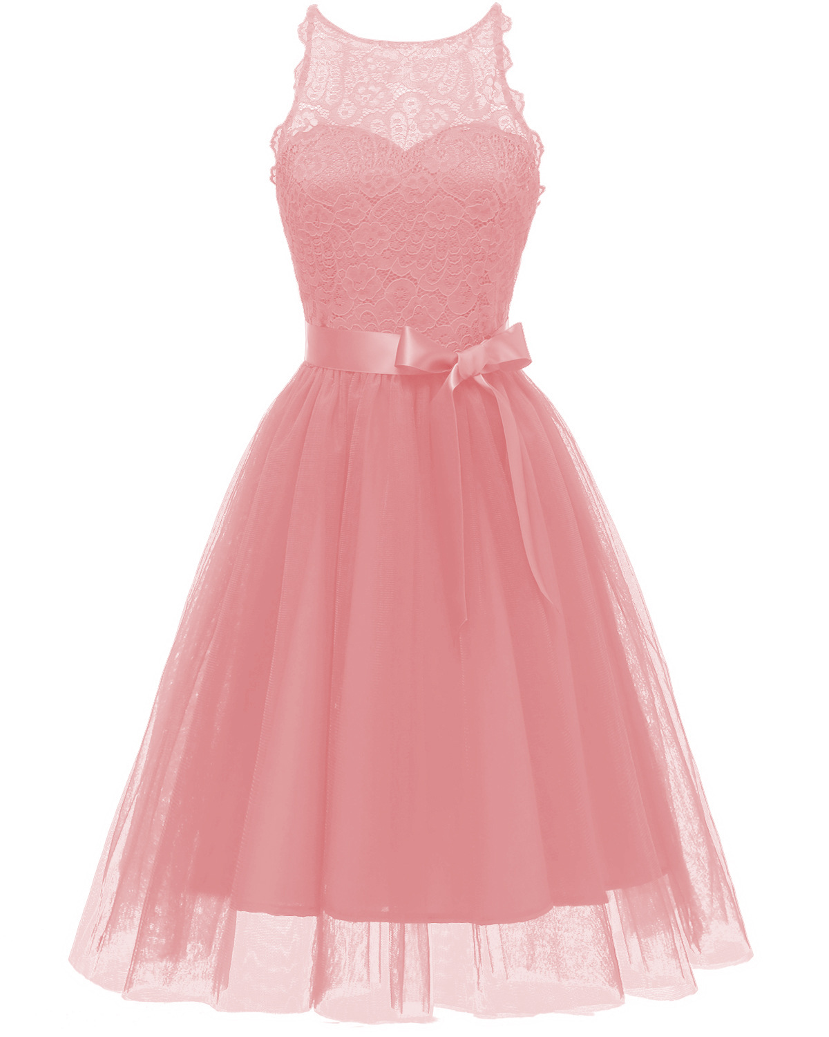 Princess Style A Line Halter Neck Sleeveless Hollow Lace Floral Bridesmaid Wedding Dress - Pink