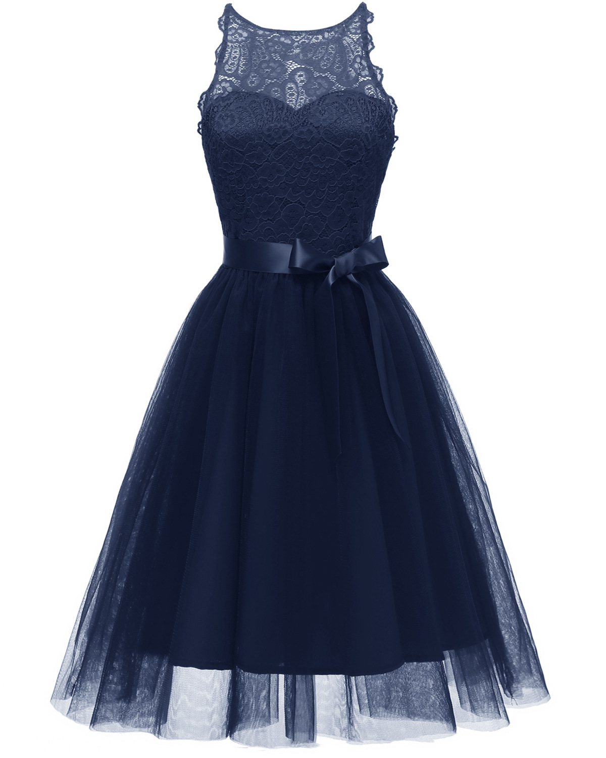 Princess Style A Line Halter Neck Sleeveless Hollow Lace Floral Bridesmaid Wedding Dress - Navy Blue