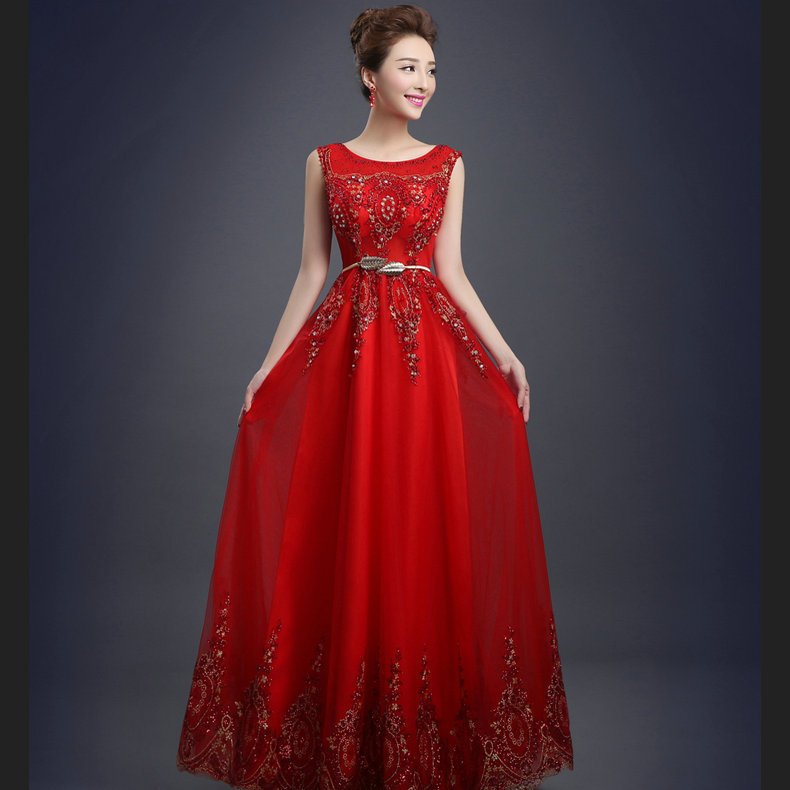 Tulle Lace Evening Dress Long Beading Formal Gown Prom Embroidery Bride Dresses - Red