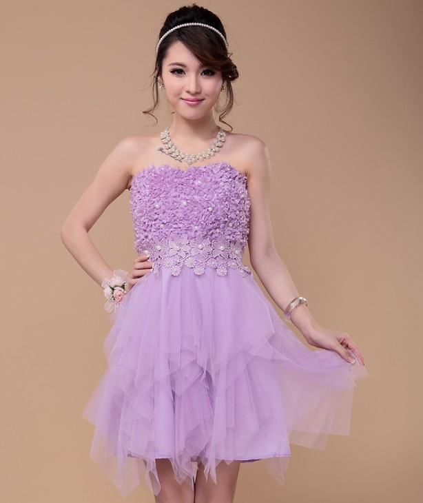 Beading Flower Mini Bridesmaid Dress Design The Bride Evening Dress-purple