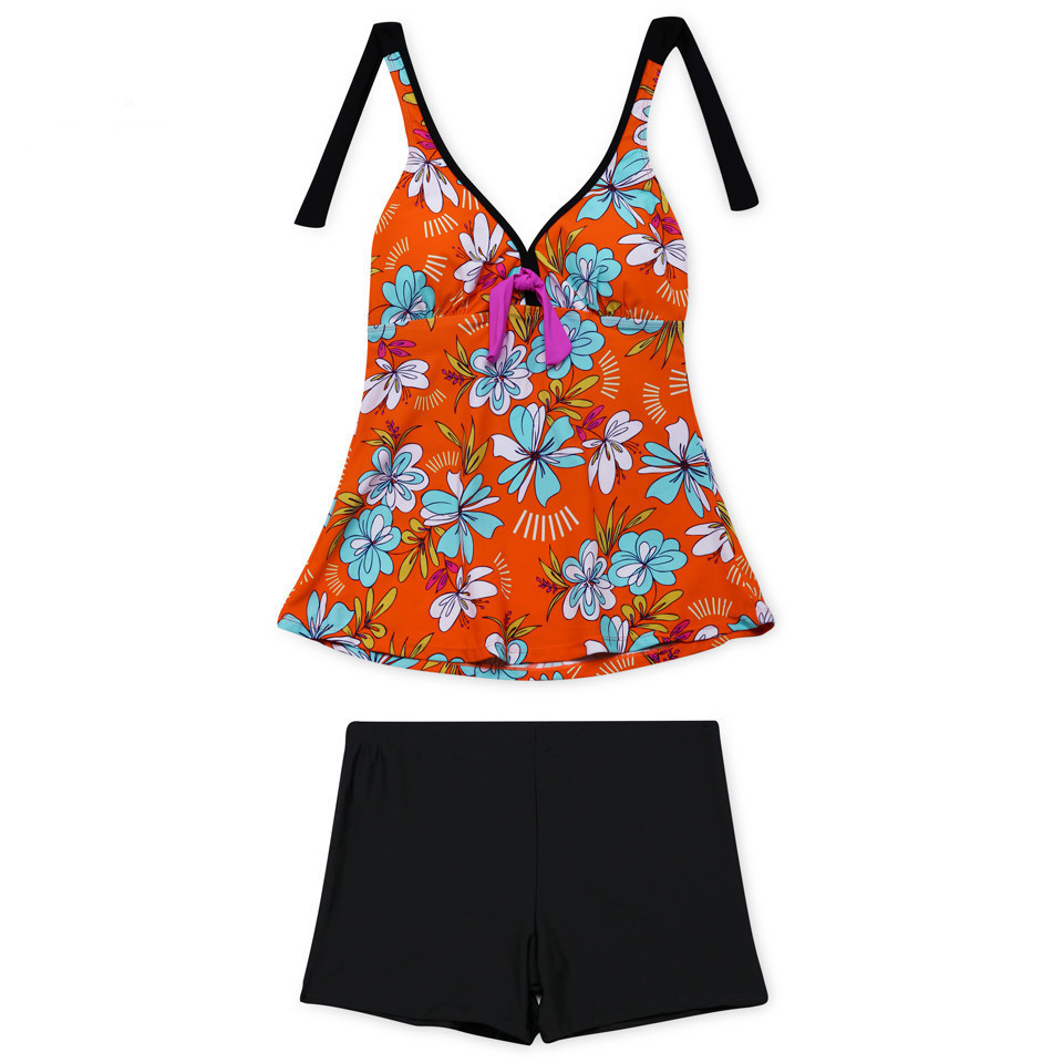 V Neck Halter Print Swimsuit Set - Orange