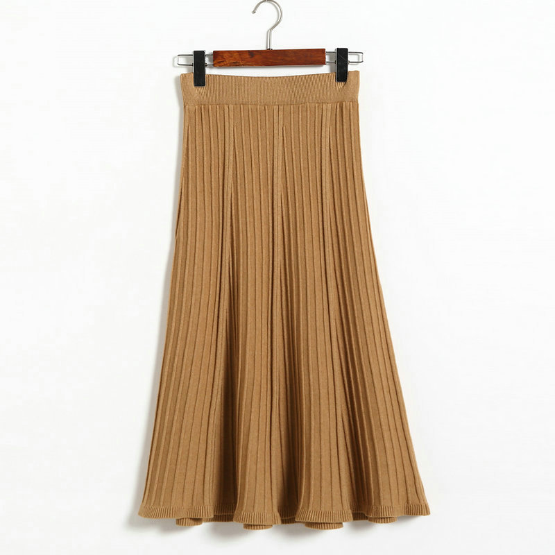 Autumn Winter Long Knitted Skirts Women Solid Color High Waist Casual Warm A-line Skirt - Brown