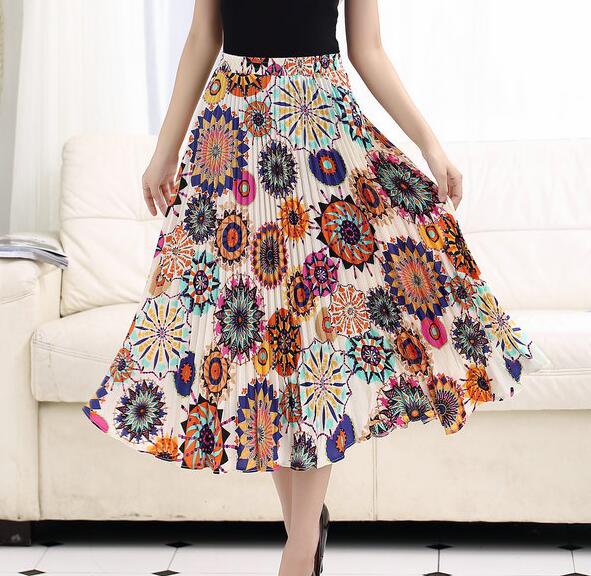 Women Summer Chiffon Floral Print Pleated Long Skirt 