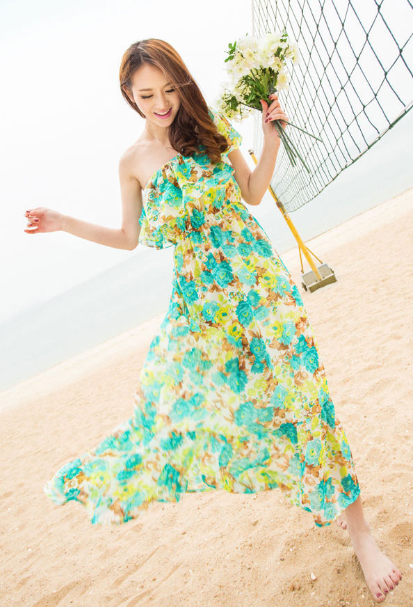 Chiffon Ruffle Strapless Tube Top Floral Print Women's Dress Two Ways Full Dress Beach Dress-green