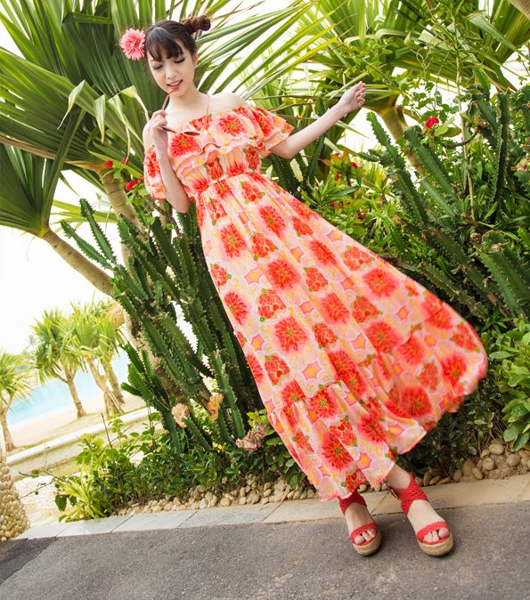 Chiffon Ruffle Strapless Tube Top Floral Print Women's Dress Two Ways Full Dress Beach Dress-orange